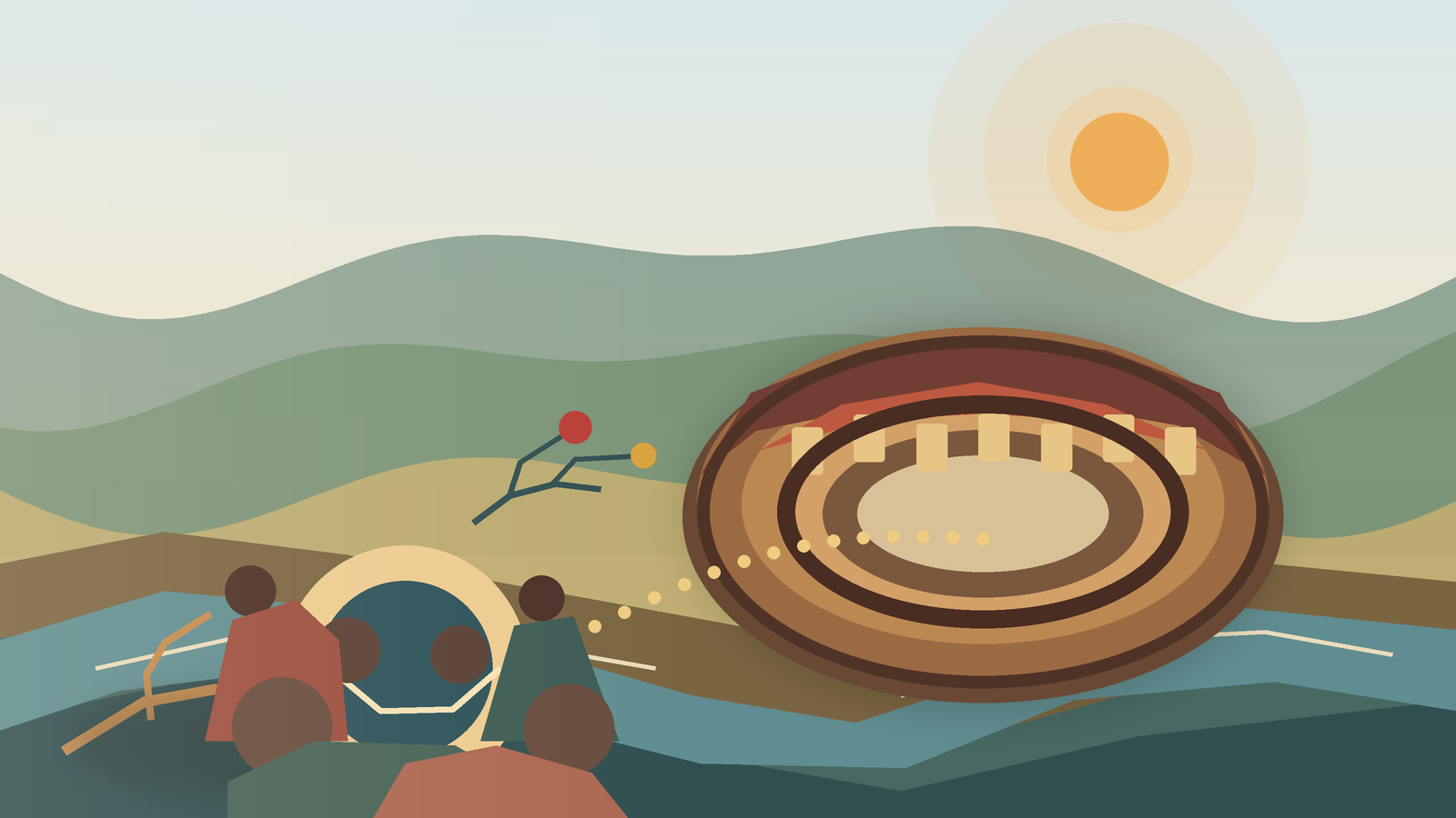A family journey toward a historic Fujian Tulou, with mountains, river, and an ancestral-roots motif.